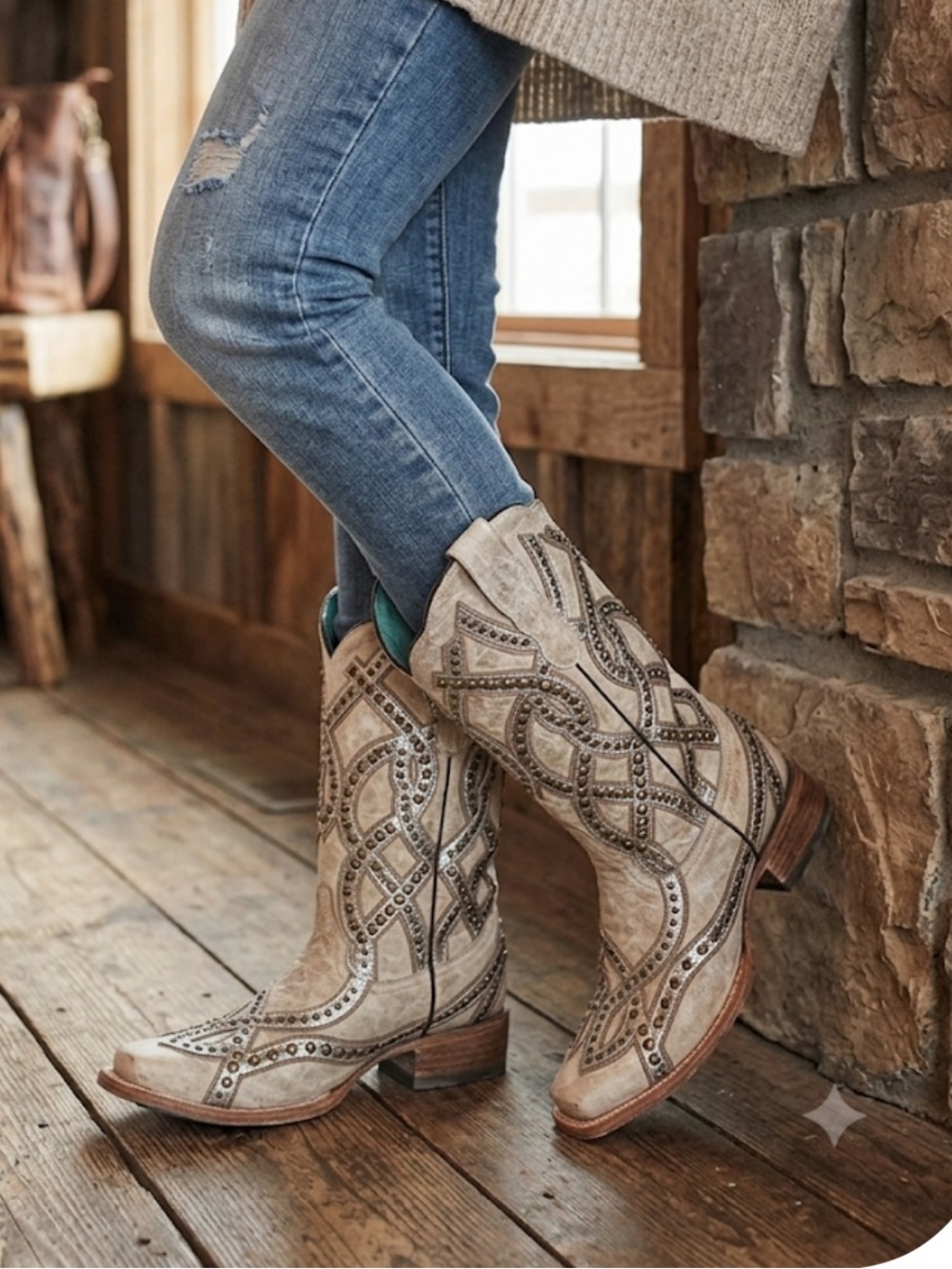 CORRAL Ivory Silver Bronzed Distressed Finish Western Square Toe Boot Size 8